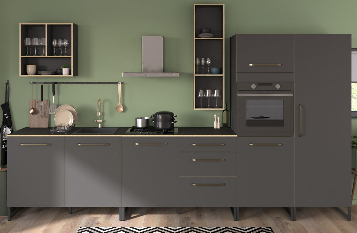 EINBAUKÜCHE grau, Eiche, Küchenzeile Set 6-teilig 360 cm mit viel Stauraum - Eichefarben/Grau, Holzwerkstoff (360/196/60cm) - Parisot Meuble