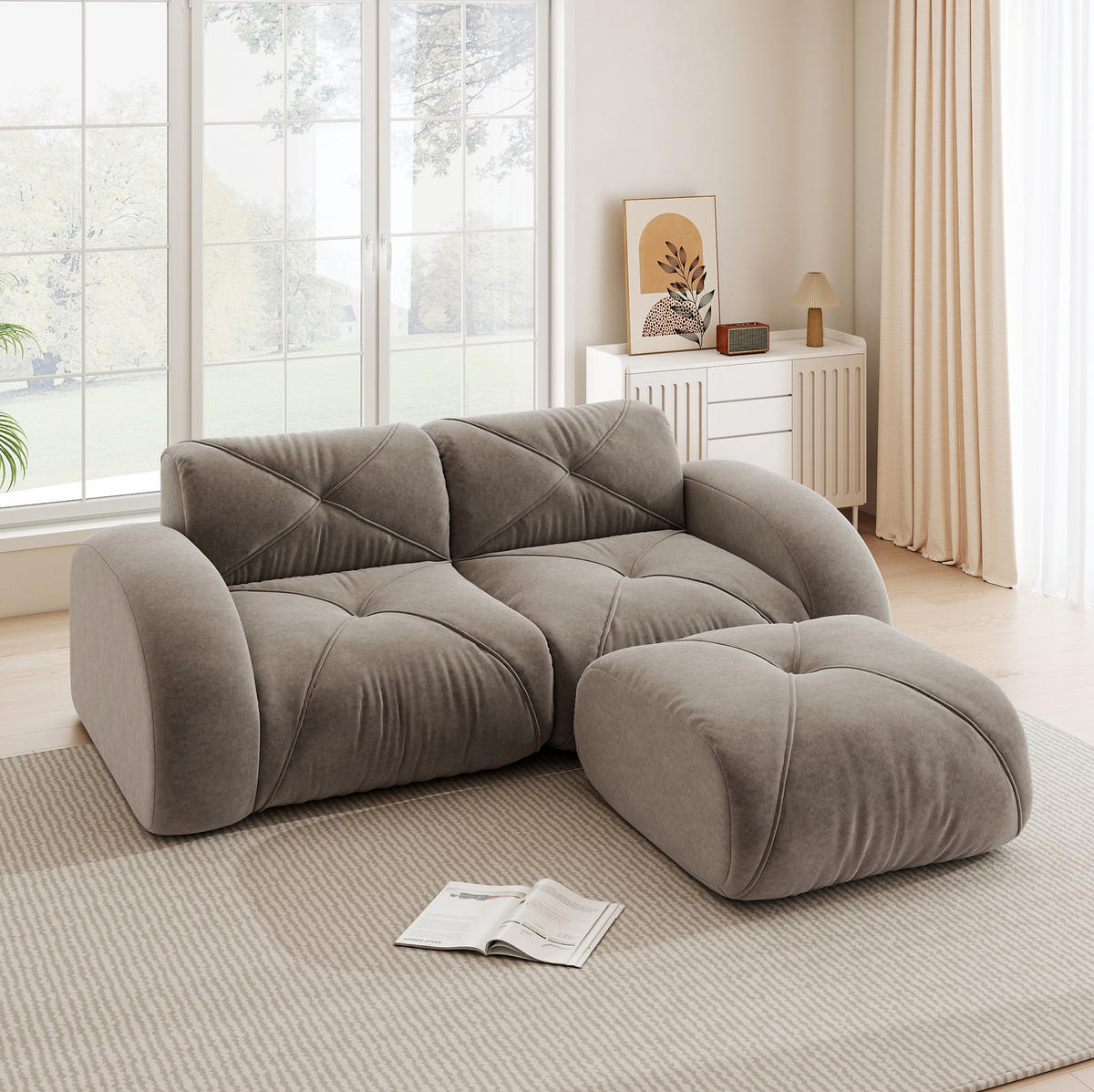 ECKSOFA 204/171/76 cm in Taupe aus Chenille mit Hocker - Taupe, Textil (171/204cm) - Flora Grace