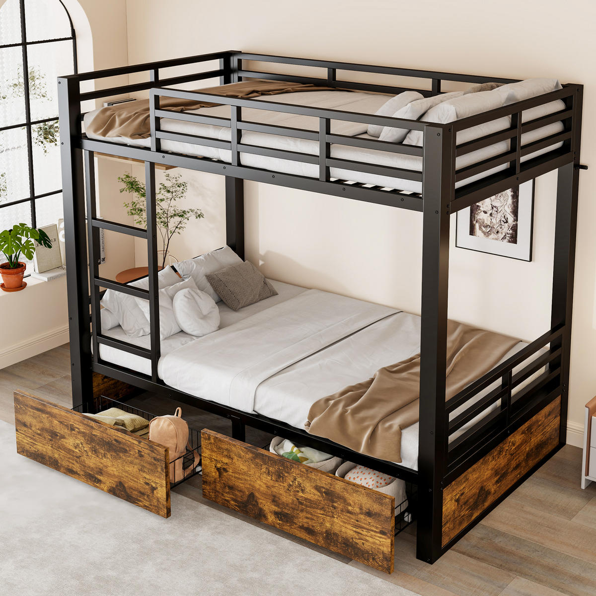 ETAGENBETT Metall 90x200cm, Schubladen, Leiter, Geländer, platzsparend, Schwarz - Schwarz, Metall (90/200cm)