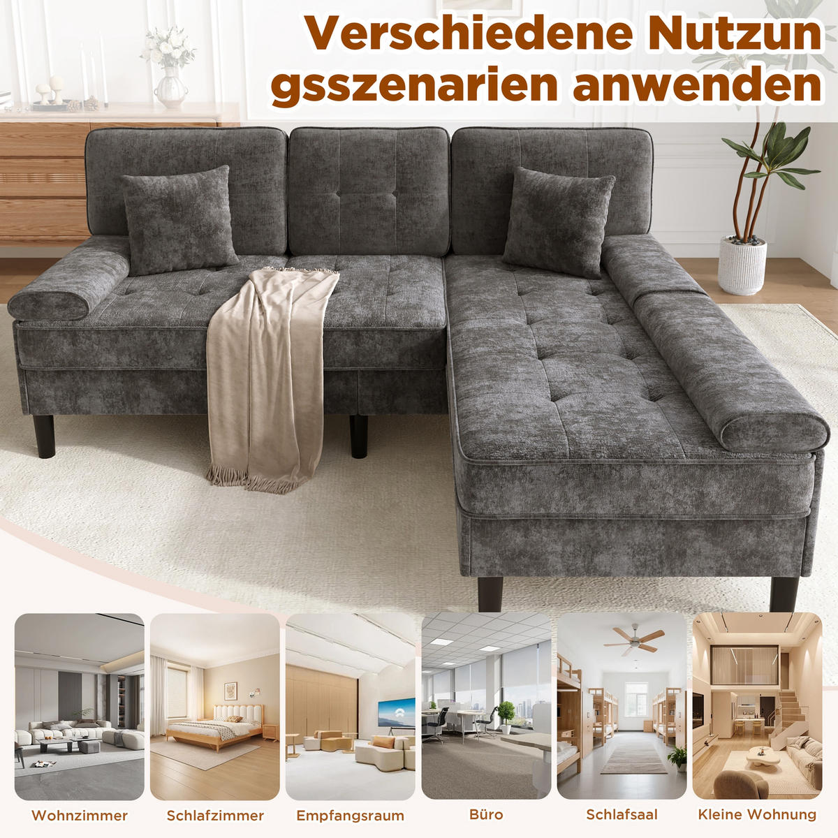 ECKSOFA Chenille mit modularer Fußbank 195/149/86 cm Grau - Grau, Textil (149/195cm) - Redom