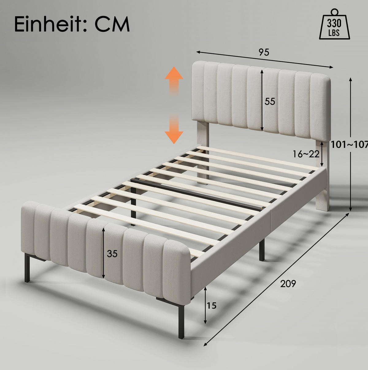 POLSTERBETT 90/200 cm Grau-Beige mit verstellbarem Kopfteil und Lattenrost aus Leinen Mit Matratze - Grau, Textil (90/200cm) - OKWISH