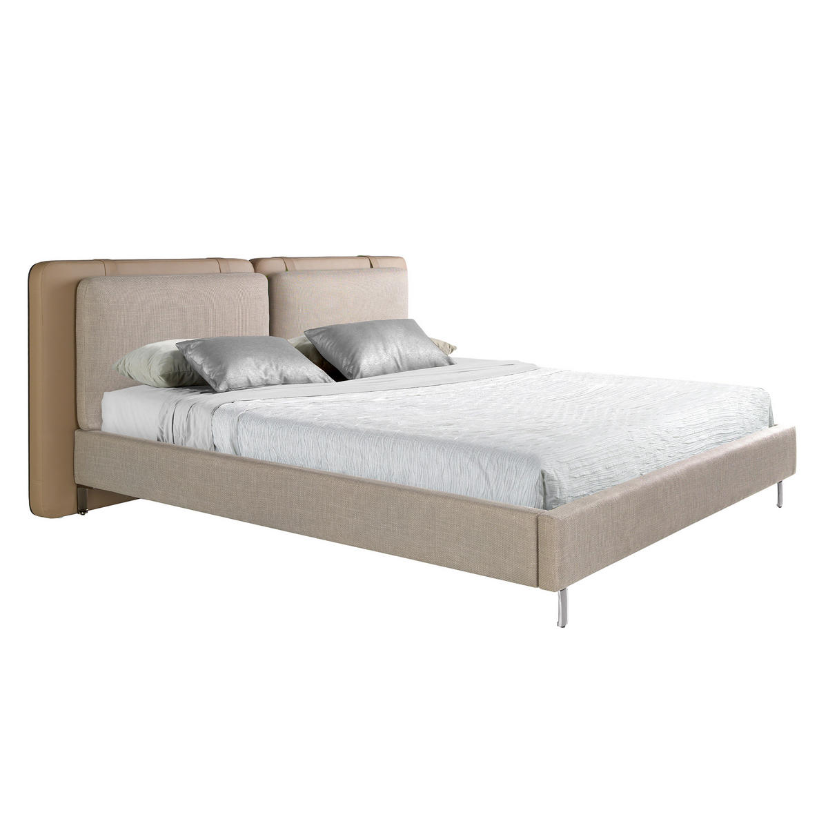BETT Bett aus nerzfarbenem Kunstleder und grauem Stoff 217/222/100 cm - Taupe/Edelstahlfarben, Leder (180/200cm) - ANGEL CERDA