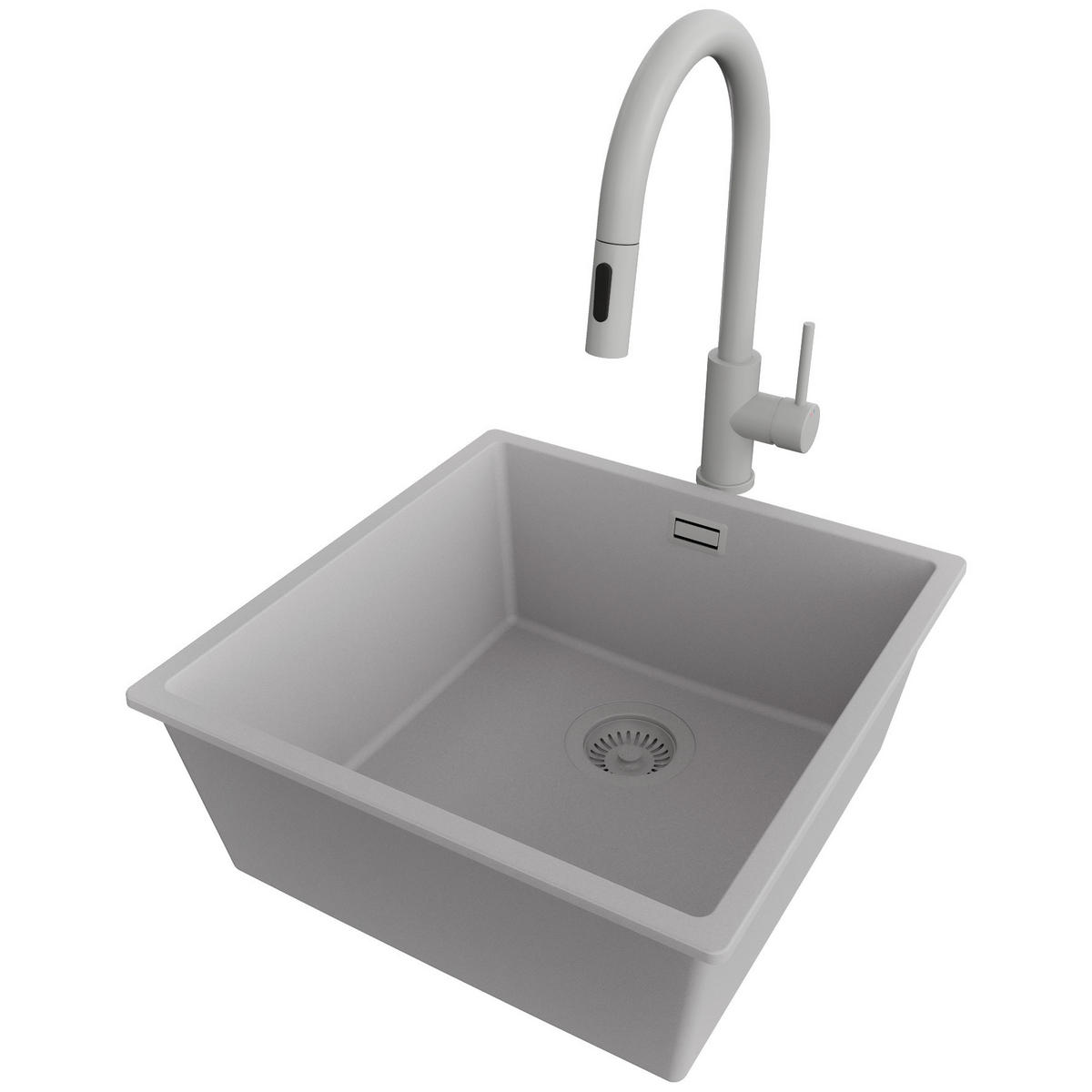 GRANITSPÜLE London Slim, 2-er set Grau 46/47 cm 1 Becken + Küchenarmatur 40/20 cm + Ablauf-Set ab 50er Unterschrank - Grau, Kunststoff (46/20/47cm) - Primagran