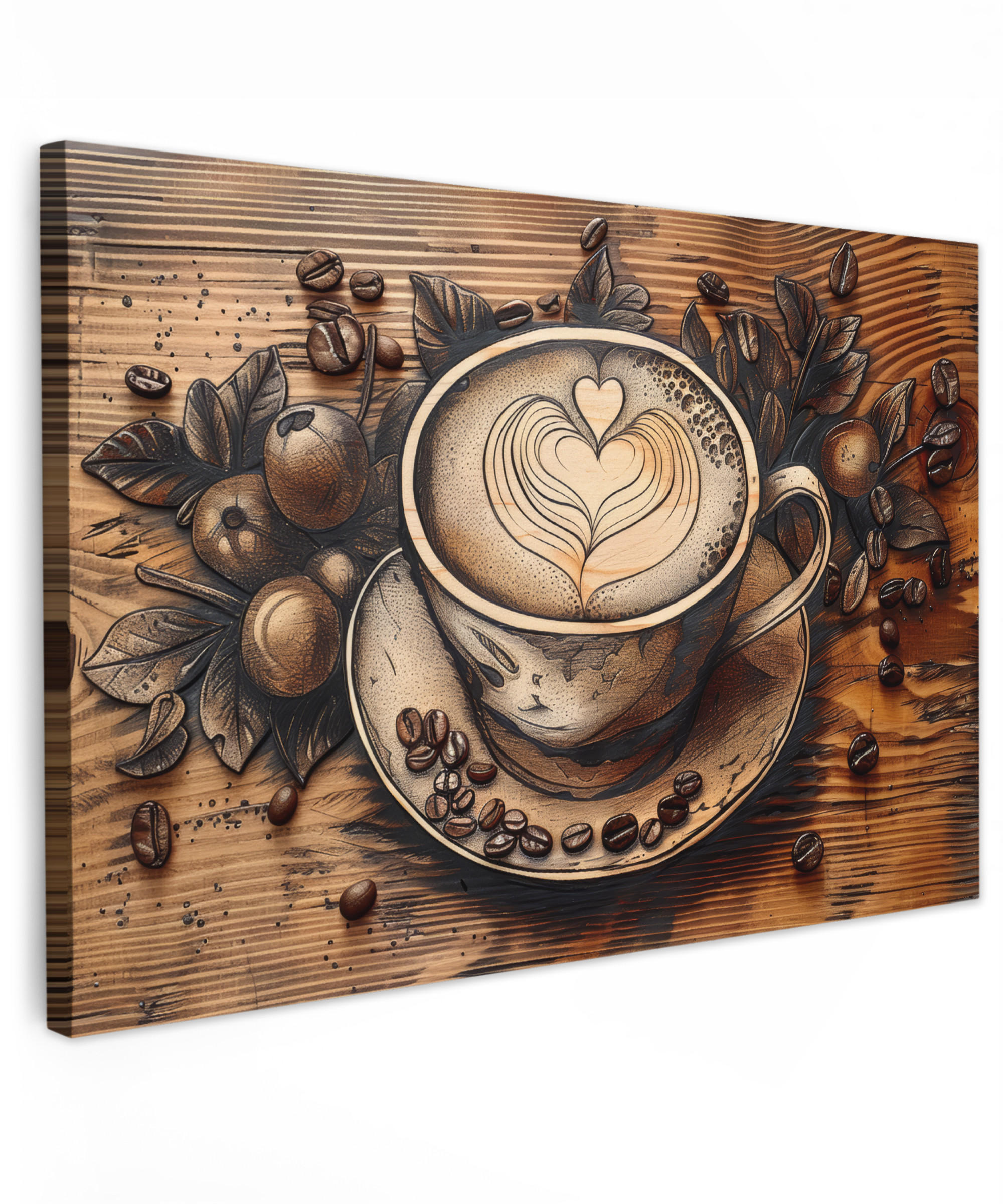 LEINWANDBILD Kaffee - Vintage - Braun - Tasse - Holz Groß 140x90 cm - Braun, Textil (140/90cm) - MuchoWow
