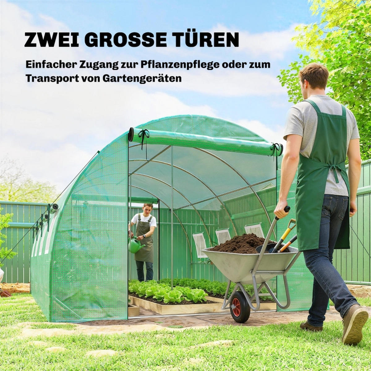 GEWÄCHSHAUS aus Polyethylen 295x400x200 cm in Grün mit 2 Rolltüren & 8 Netzfenstern - Grün, Kunststoff (295/200/400cm) - Modfu