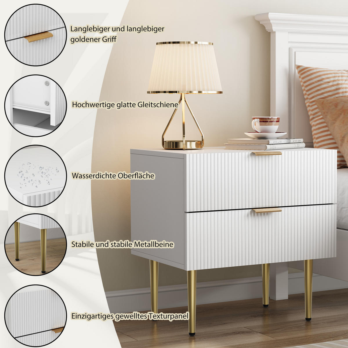NACHTTISCH 53/41,3/52,5 cm mit 2 Schubladen in Weiß – modernes Rillendesign & Metallbeine - Weiß, Holzwerkstoff (41.3/52.5/53cm) - BEAOK