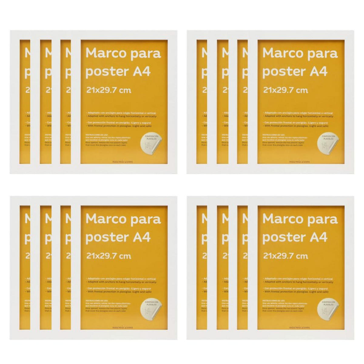 RAHMEN Set mit 12 aus MDF und Acrylglas Schutz und Aussteller für Fotografien, Bilder, Poster, Gemälde, Dekoration für Haus Farbe Weiß A4 - Weiß, Holz (21/3/29.7cm) - Nacnic