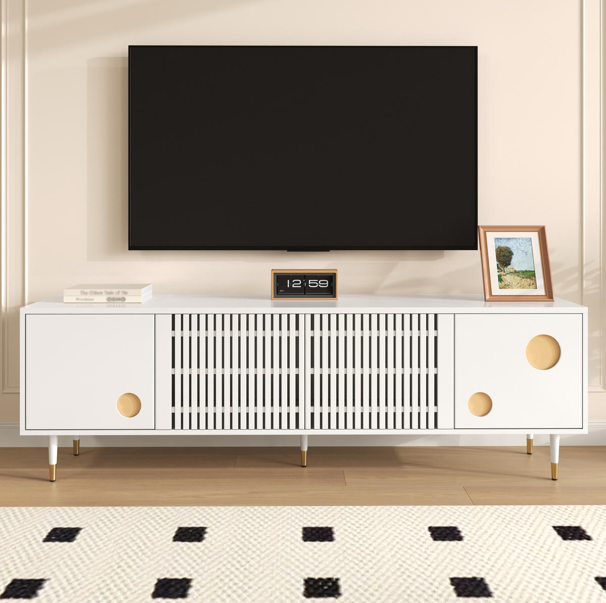 TV ormarić 170/36/54 cm bijeli od MDF-a s 4 vrata i otvorima za kabele - bijela, drvni materijal (170/54/36cm) - OKWISH