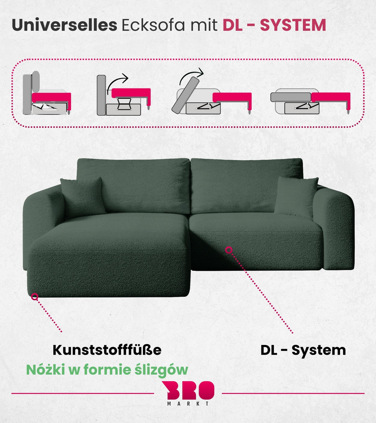 ECKSOFA Kornel mit Schlaffunktion Grün Boucle - Grün, Textil (248/165cm) - Bromarkt