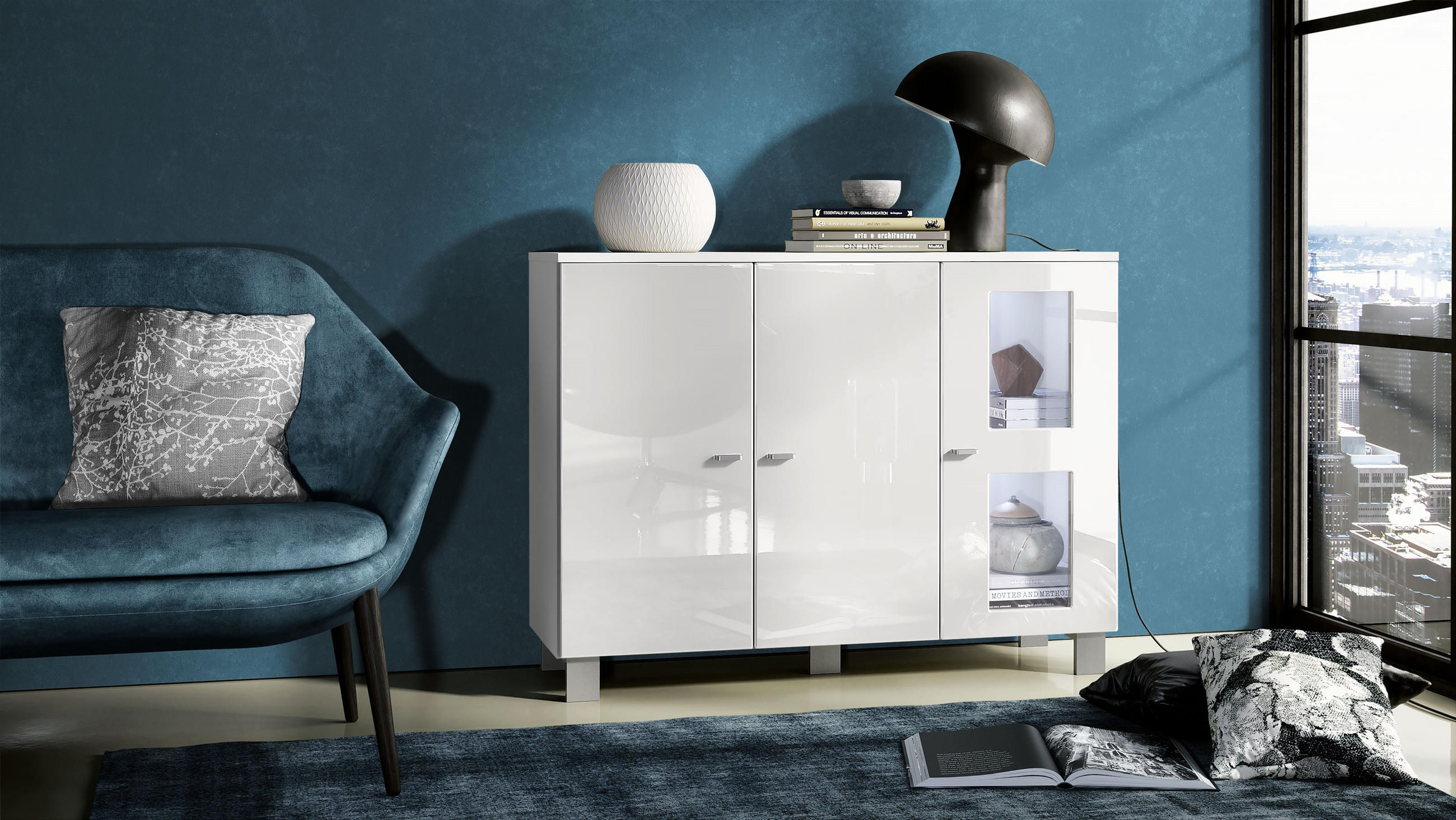 SIDEBOARD Denjo Tür in Weiß Hochglanz - Weiß Hochglanz, Holzwerkstoff (107/81/35cm) - Vladon