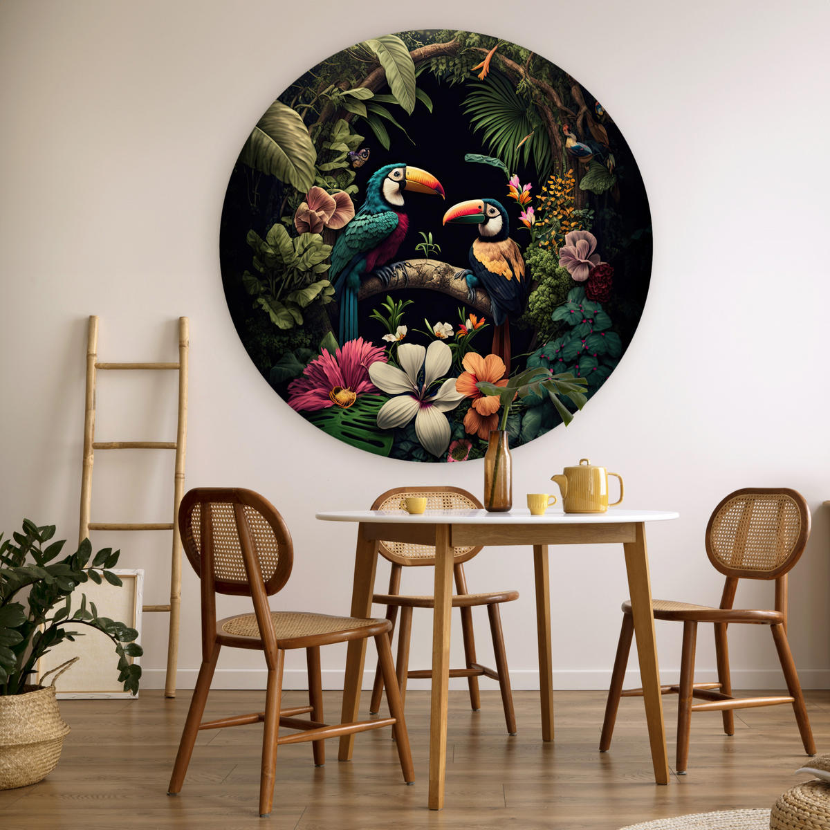 WANDBILD Vogel - Blumen - Pflanzen - Dschungel - Schwarz - Tukan 140x140 cm - Smaragdgrün, Kunststoff (140/140cm) - MuchoWow