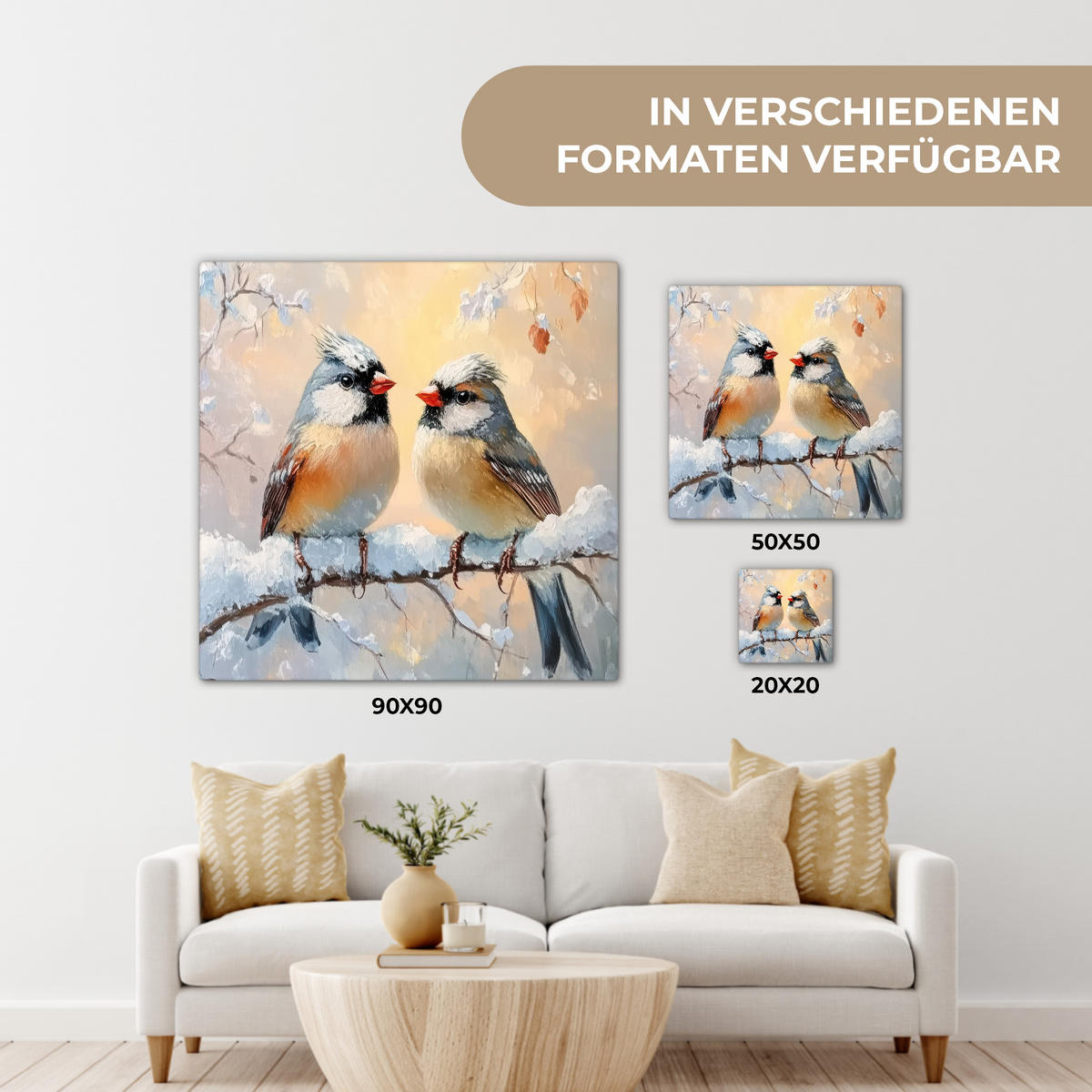 LEINWANDBILD Vögel - Zweig - Winter - Schnee 50x50 cm - Pastellblau, Textil (50/50cm) - MuchoWow