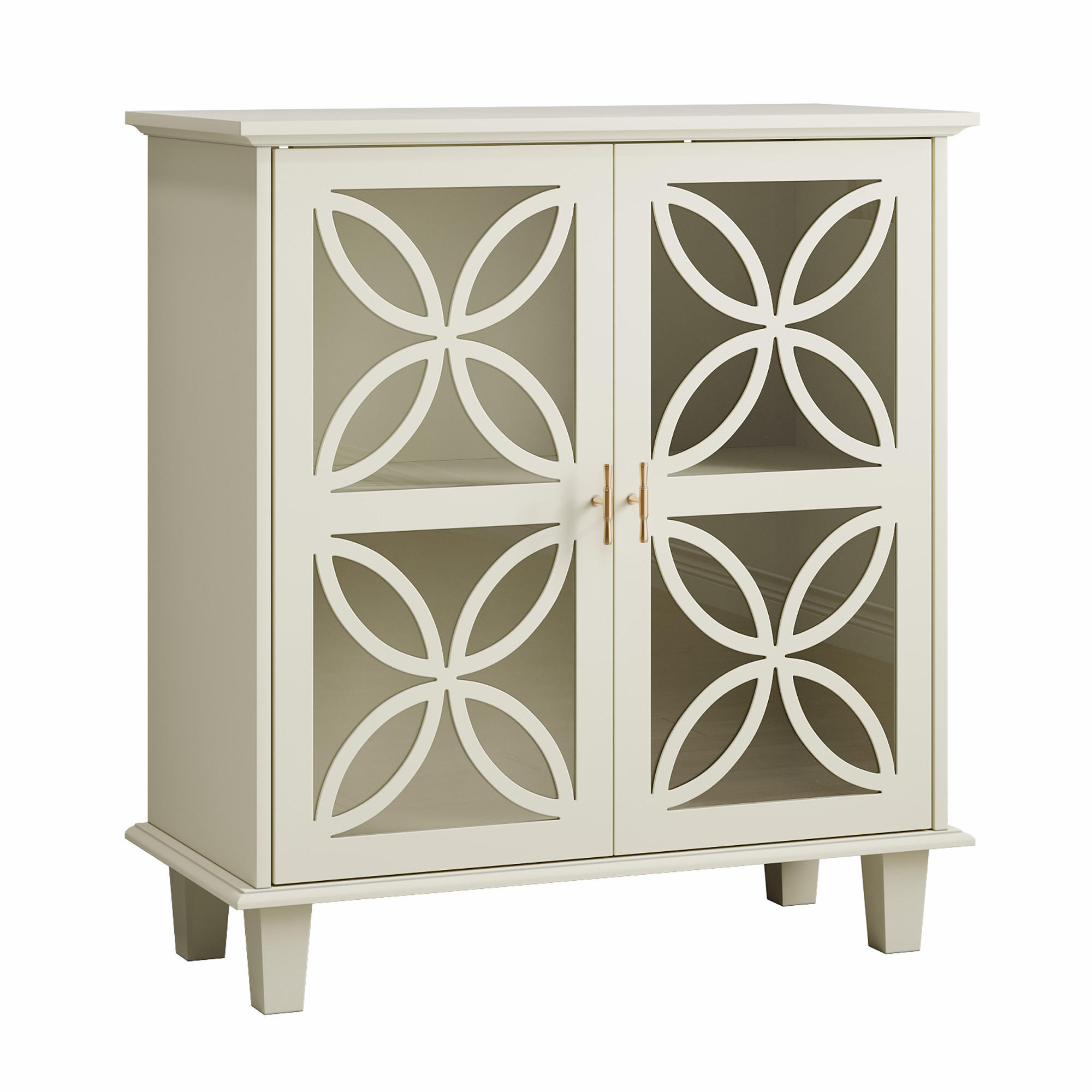 BUFET 80 cm MDF crem si sticla cu 2 usi de sticla si rafturi reglabile