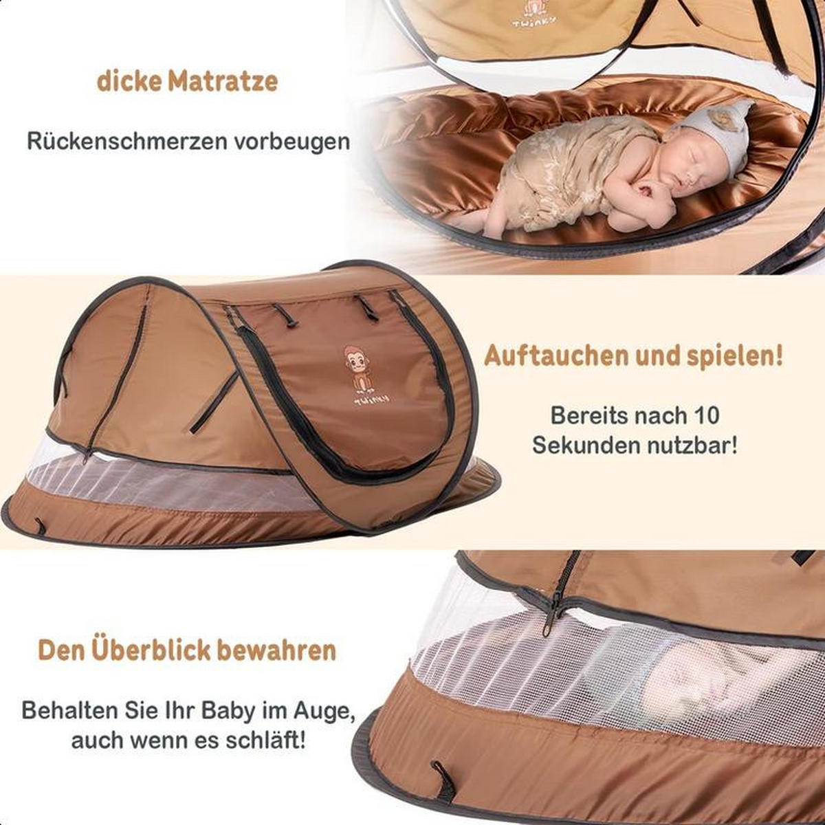 REISEBETT Baby mit Matratze bis 3 Jahre mit Moskitonetz Braun - Braun, Kunststoff (107/40cm) - Twinky