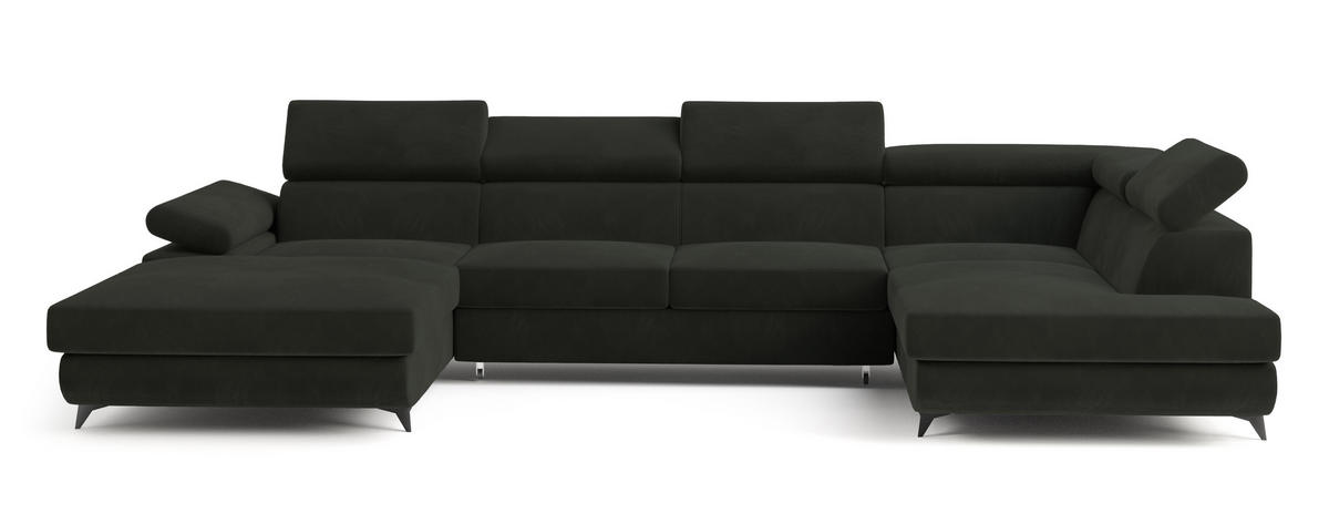 WOHNLANDSCHAFT RUBANO R-S Schwarz Velours-Stoff mit Schlaffunktion - Schwarz, Holz (339/89/190cm) - MASSENO