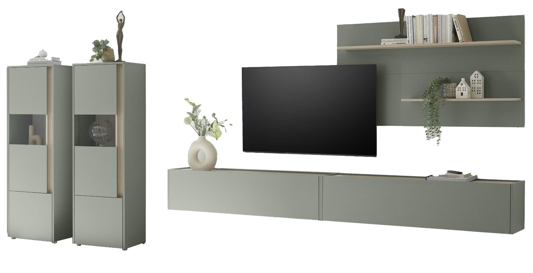 WOHNWAND Salbei grün, Eiche Barista, Wohnkombination Set 5-teilig mit XXL-TV-Schrank 440 cm - Salbeigrün/Eichefarben, Glas/Holzwerkstoff (440/180/40cm) - Furn.Design