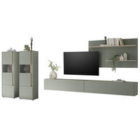 WOHNWAND Salbei grün, Eiche Barista, Wohnkombination Set 5-teilig mit XXL-TV-Schrank 440 cm - Salbeigrün/Eichefarben, Glas/Holzwerkstoff (440/180/40cm) - Furn.Design