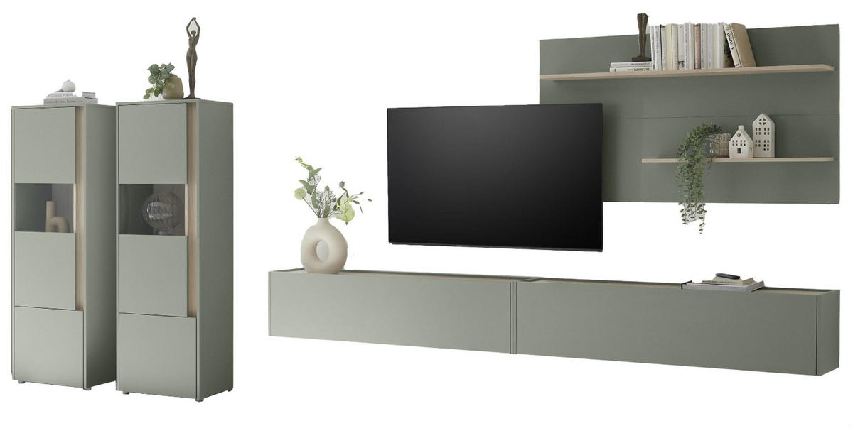 WOHNWAND Salbei grün, Eiche Barista, Wohnkombination Set 5-teilig mit XXL-TV-Schrank 440 cm - Salbeigrün/Eichefarben, Glas/Holzwerkstoff (440/180/40cm) - Furn.Design