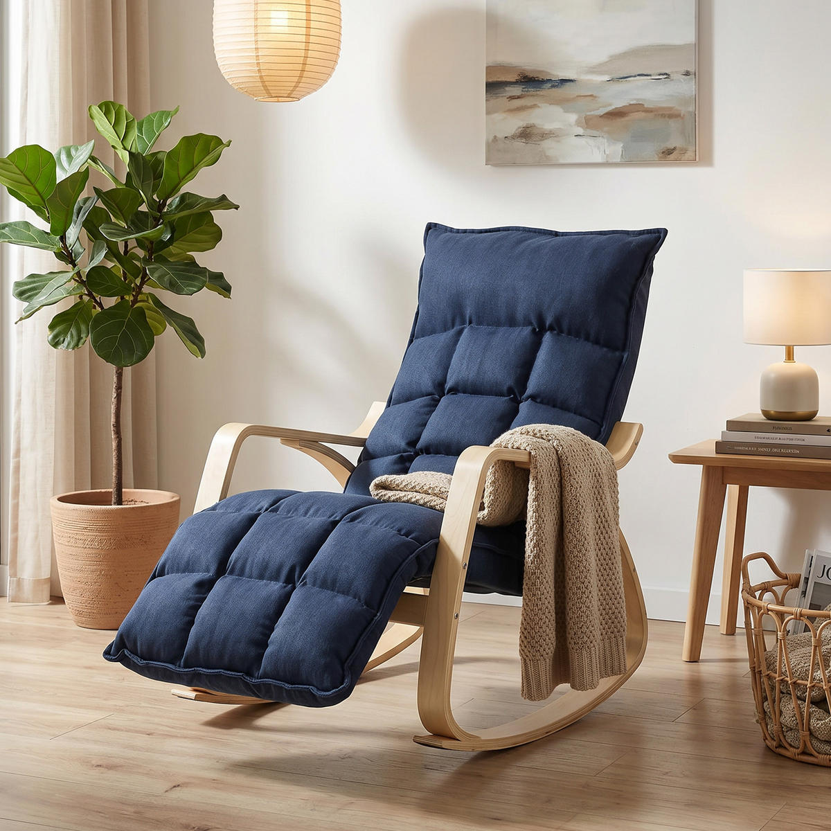 SCHAUKELSTUHL Stoff in Leinenoptik 100 Polyester Dunkelblau - Dunkelblau/Naturfarben, Holzwerkstoff/Textil (67/92/106cm) - HOMCOM