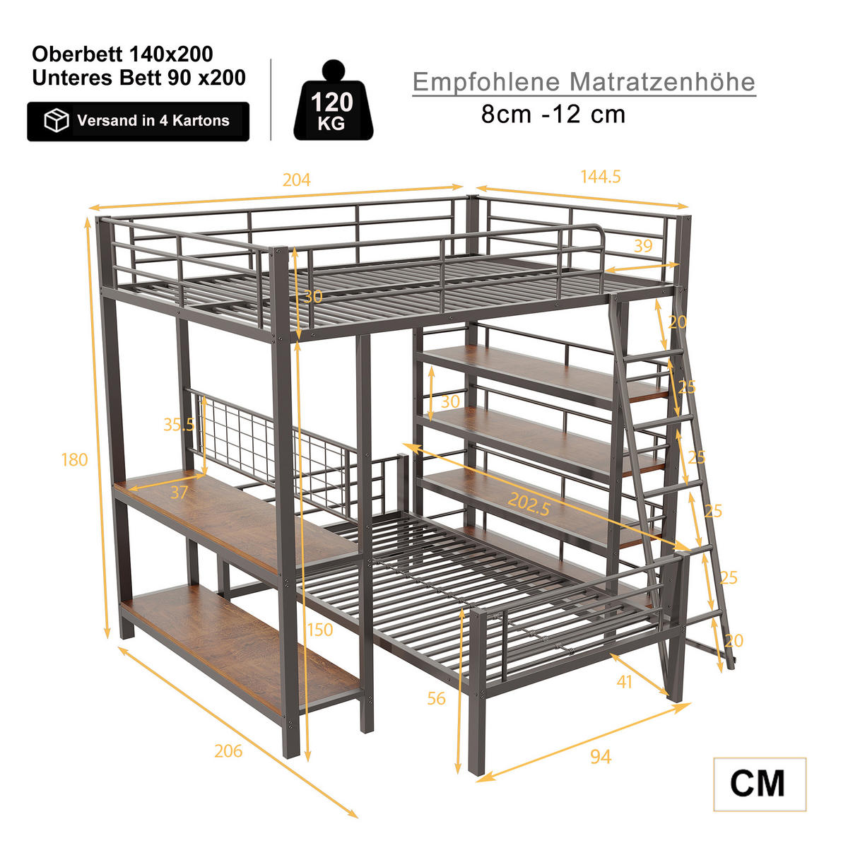 HOCHBETT 140x200 cm Metall Regal schwarz - Schwarz, Metall (140/200cm) - LEBENLANG