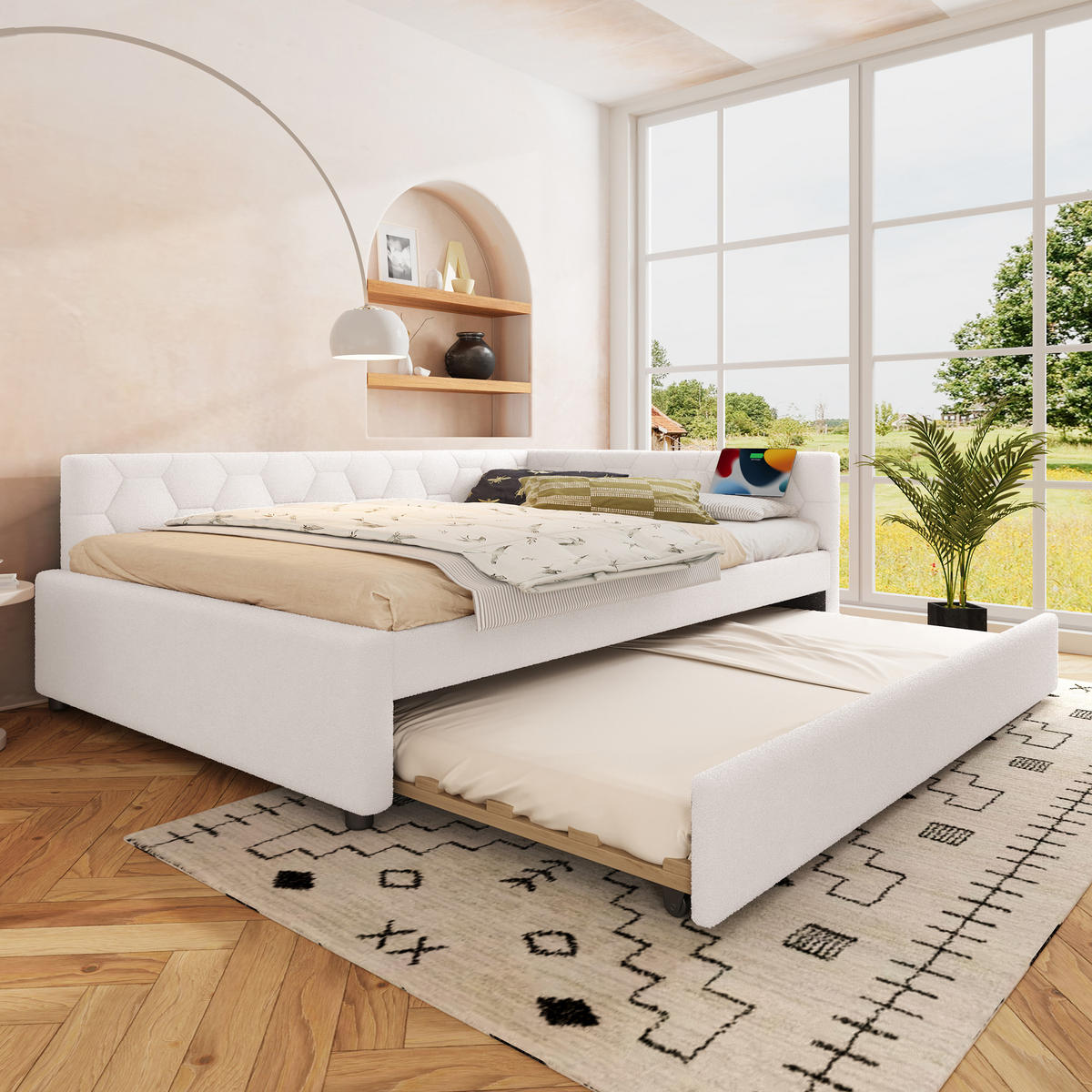 TAGEBETT 140x200cm Weiß Vliesimitat Nachttischlampe Ausziehbett USB-C - Weiß, Holz (140/200cm) - FLIEKS