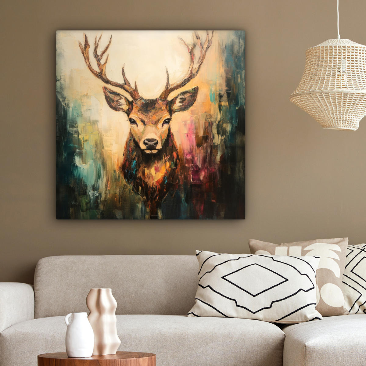 LEINWANDBILD Hirsch - Gemalt - Geweih - Braun 90x90 cm - Haselnussfarben, Textil (90/90cm) - MuchoWow