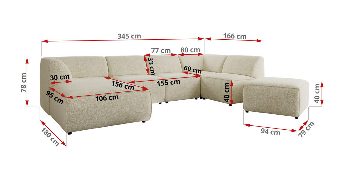 WOHNLANDSCHAFT MODARO U 6M - Creme Struktur - Links - Creme/Schwarz, Textil (180/78/345cm) - MKS
