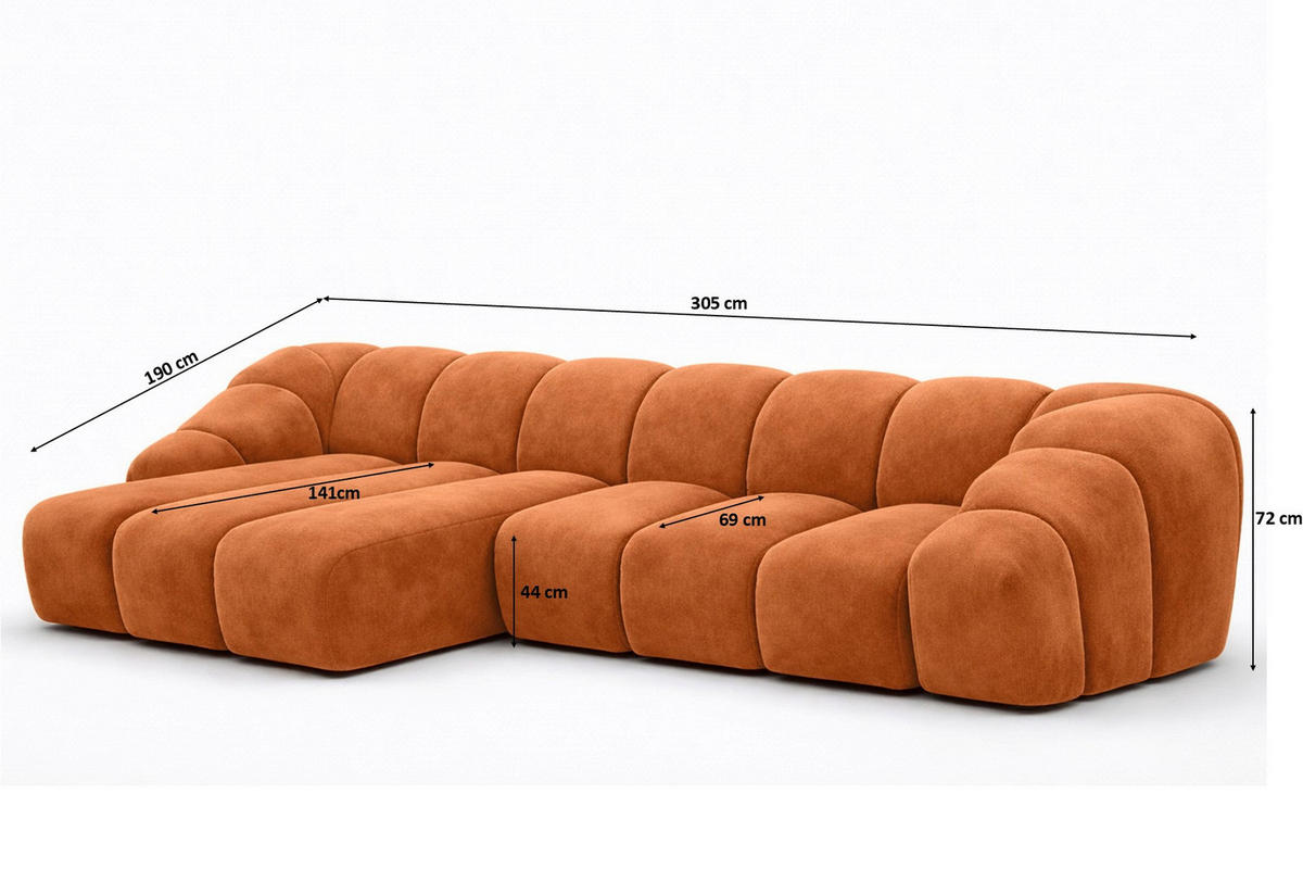 ECKSOFA Modulare L-Form, Veloursstoff Bluvel, Zimtfarbe, Links, CROISSANT L - Orange, Holz (305/190cm) - Kaiser Möbel