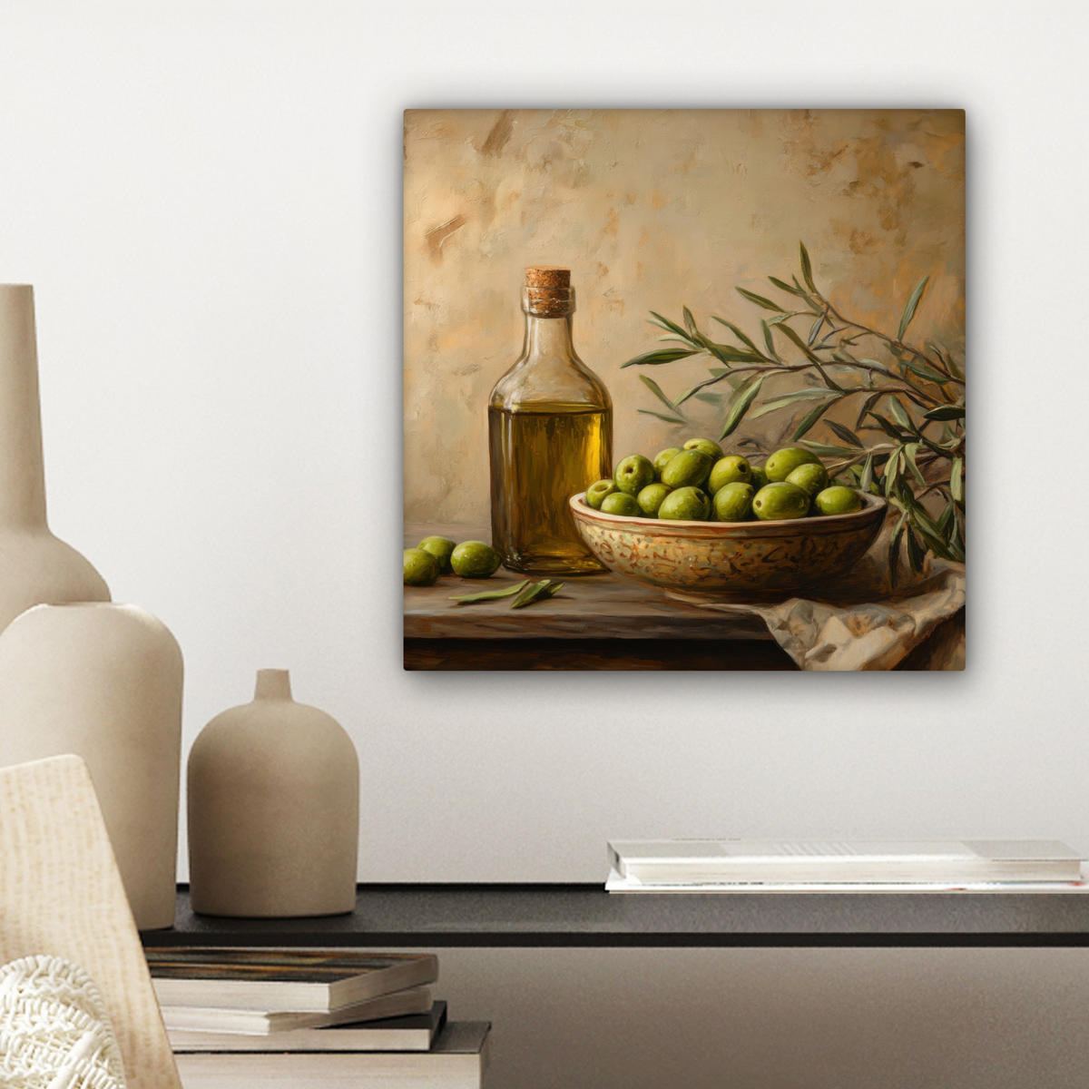 LEINWANDBILD Oliven - Stilleben - Vintage Deko Wohnzimmer 20x20 cm - Olivgrün, Textil (20/20cm) - MuchoWow