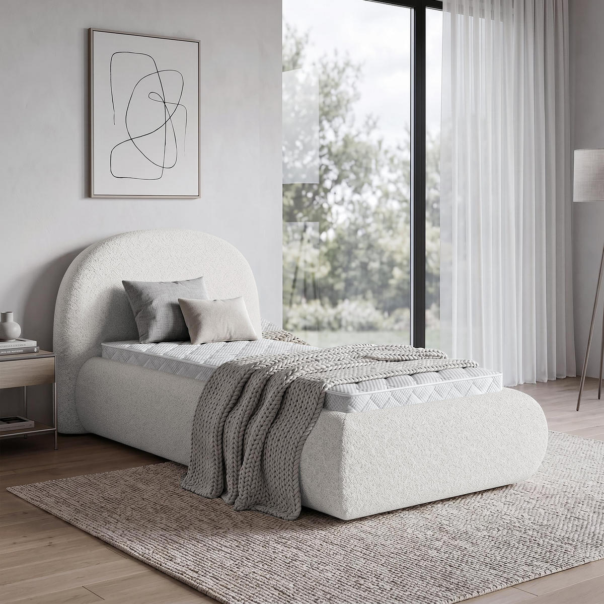POLSTERBETT Motti 90x200, Einzelbett mit Bettkasten und Schaumstoffmatratze 10 cm, Creme - Creme, Holzwerkstoff (90/200cm) - Beautysofa