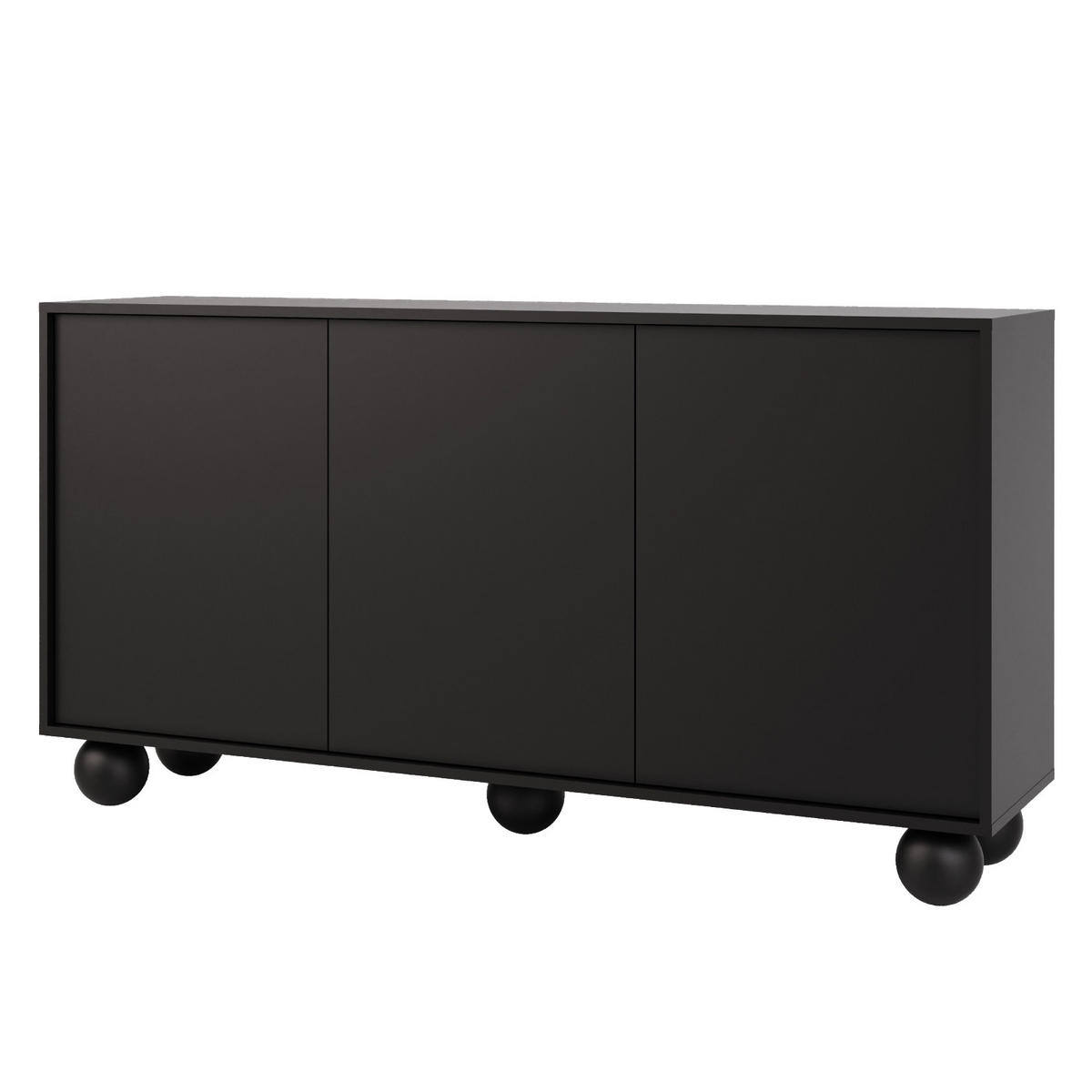 KOMODA Adel se 3 dvířky a kulatými nožkami, 154 cm, bezúchytková, černá - černá, kompozitní dřevo (154/81/38cm) - Beautysofa