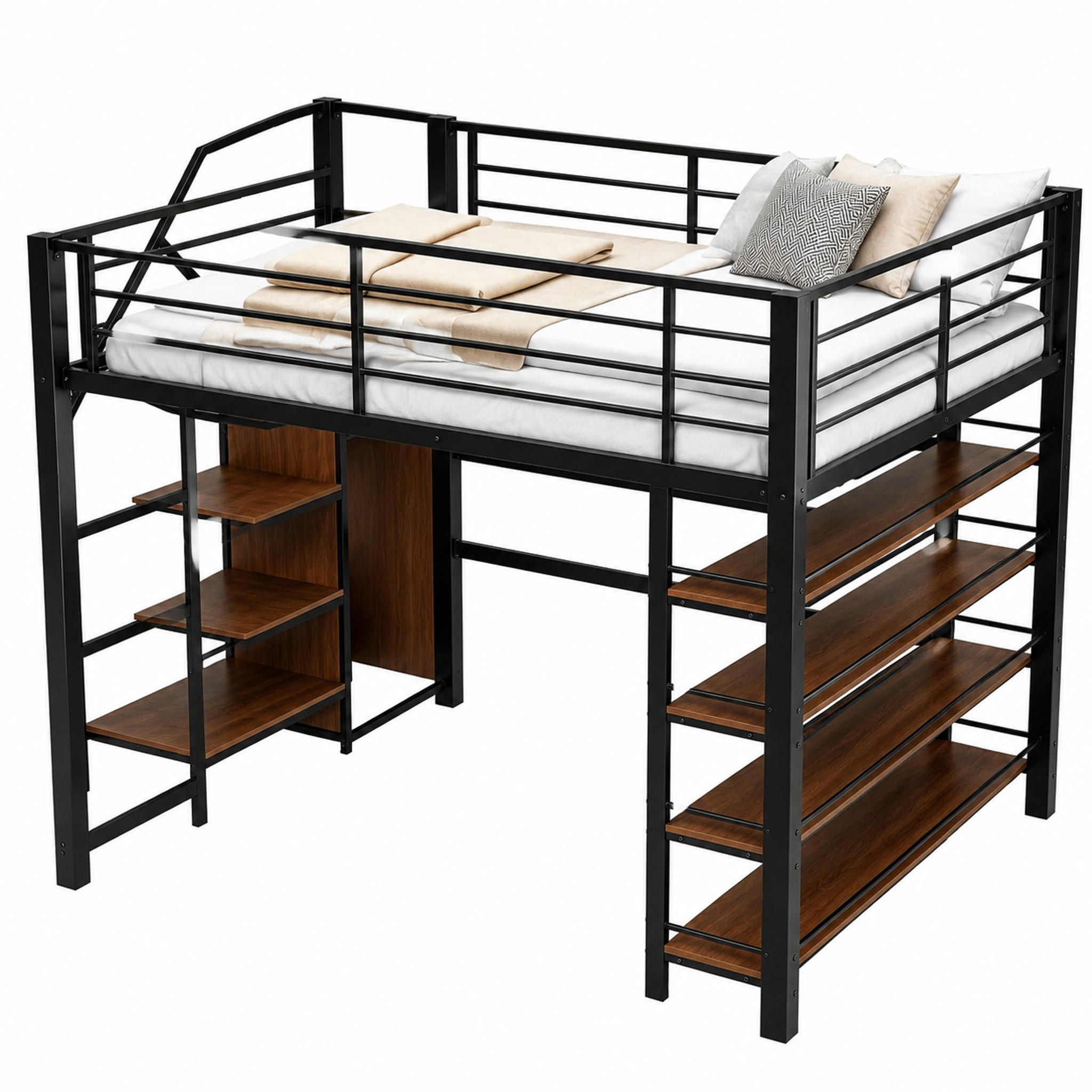 HOCHBETT mit Stauraumtreppe 140x200 cm Metall Schwarz - Schwarz, Metall (140/200cm) - Meubliv