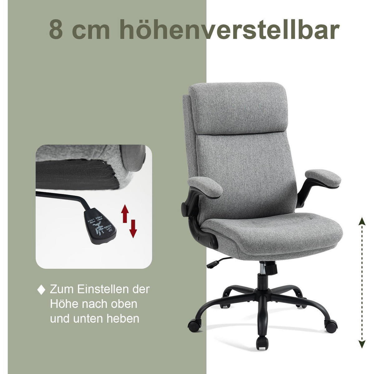 BÜROSTUHL Stoff Grau mit hoher Rückenlehne und hochklappbaren Armlehnen - Grau, Textil (68/113/70cm)