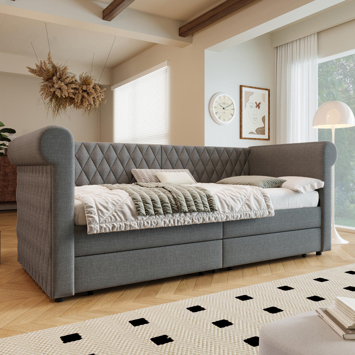 BETT Vintage Kopfteil mit 2 Schubladen Grau Leinen 90/200 cm - Grau, Textil (90/200cm) - OKWISH