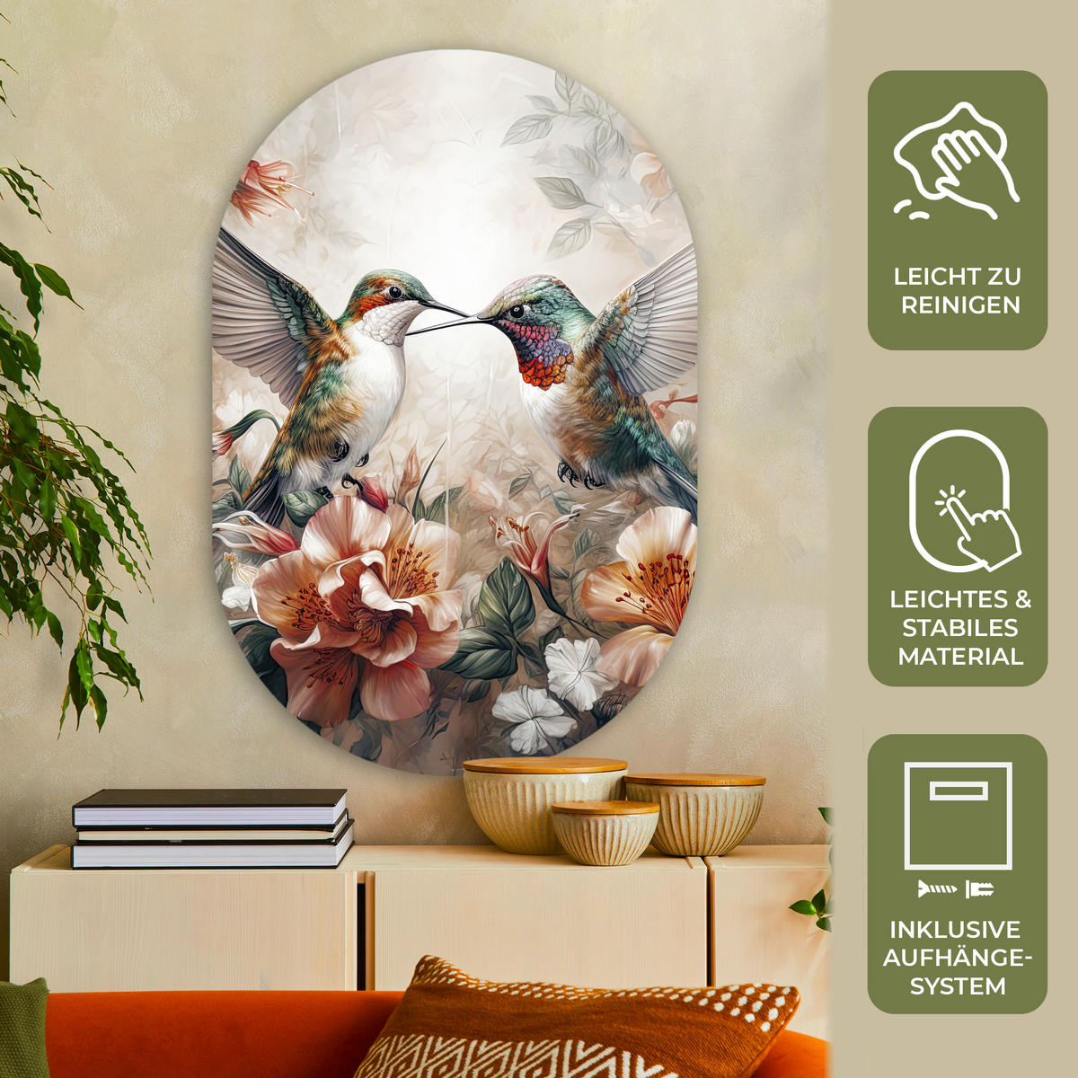 WANDBILD Kolibri - Vögel - Blumen - Natur 80x120 cm - Altrosa, Kunststoff (80/120cm) - MuchoWow