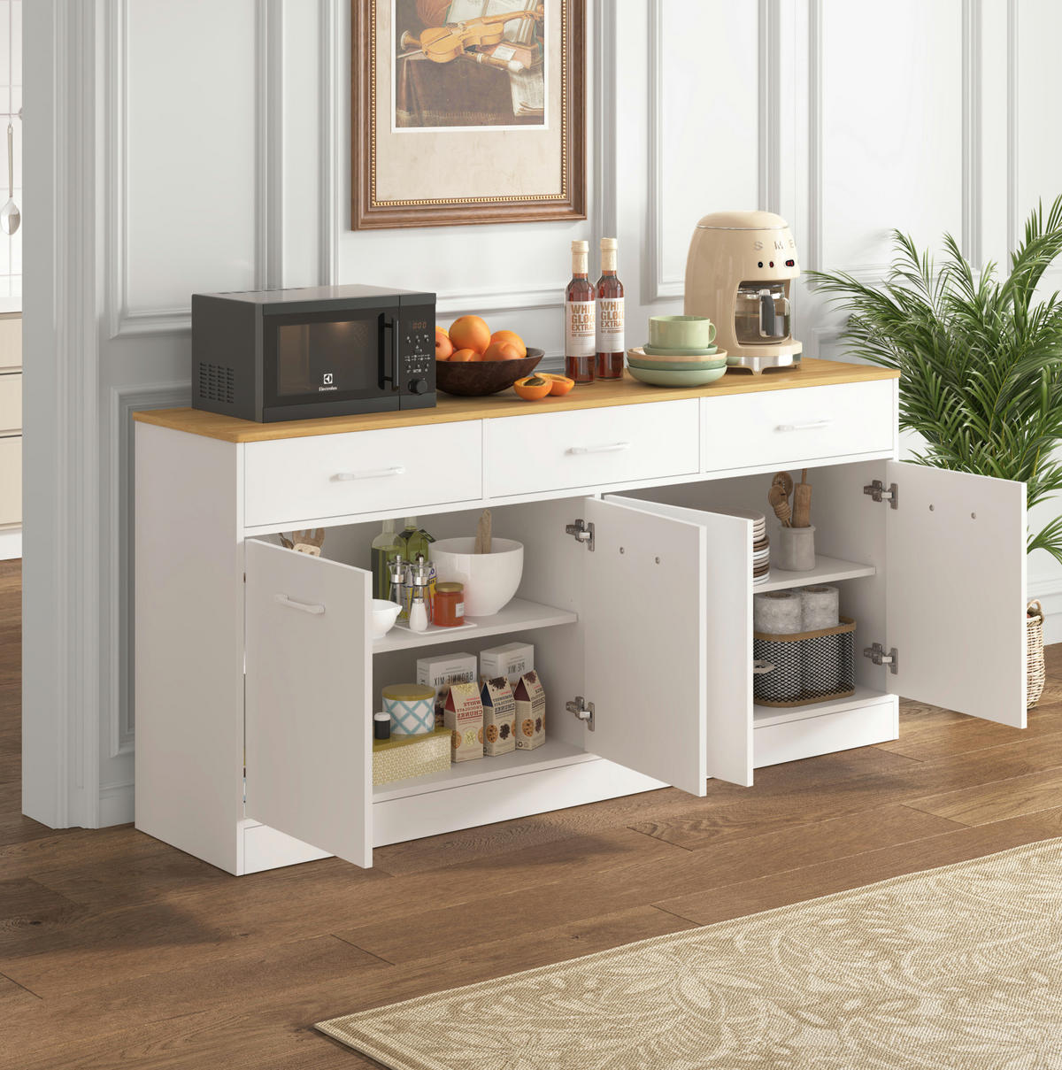 SIDEBOARD 160/37/76,5 cm Weiß aus MDF mit 3 Schubladen und 2 Schrankbereiche - Weiß, Holzwerkstoff (37/76.5/160cm) - OKWISH