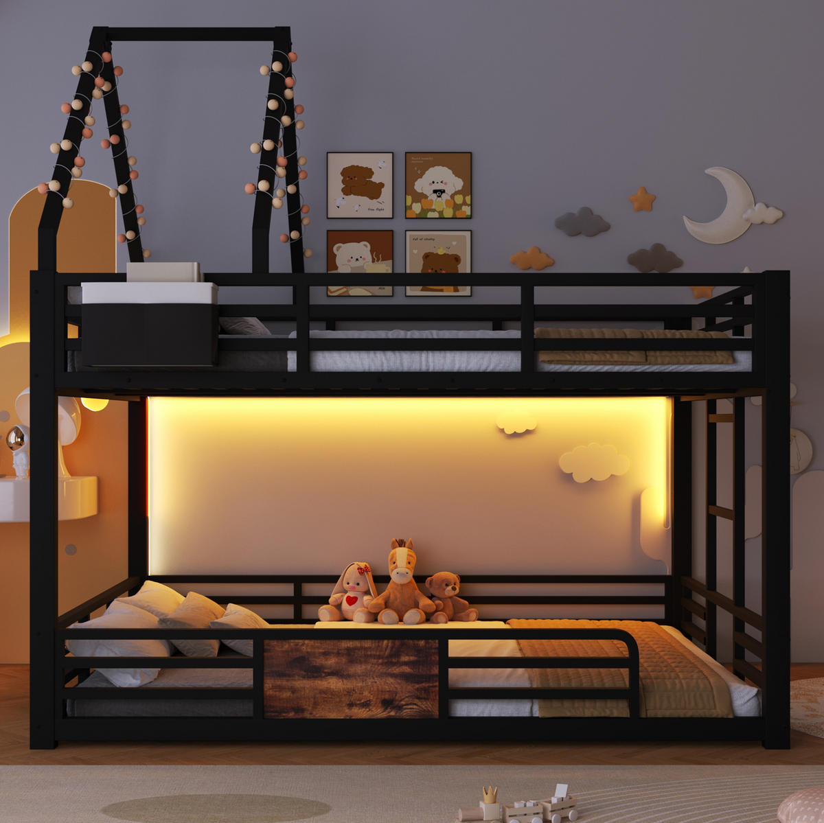 ETAGENBETT Metall & Holzwerkstoff 140x200 cm Schwarz mit LED, Hausbett-Design, Stofftaschen & Sicherheitsgeländer - Schwarz, Metall (140/200cm) - Modfu