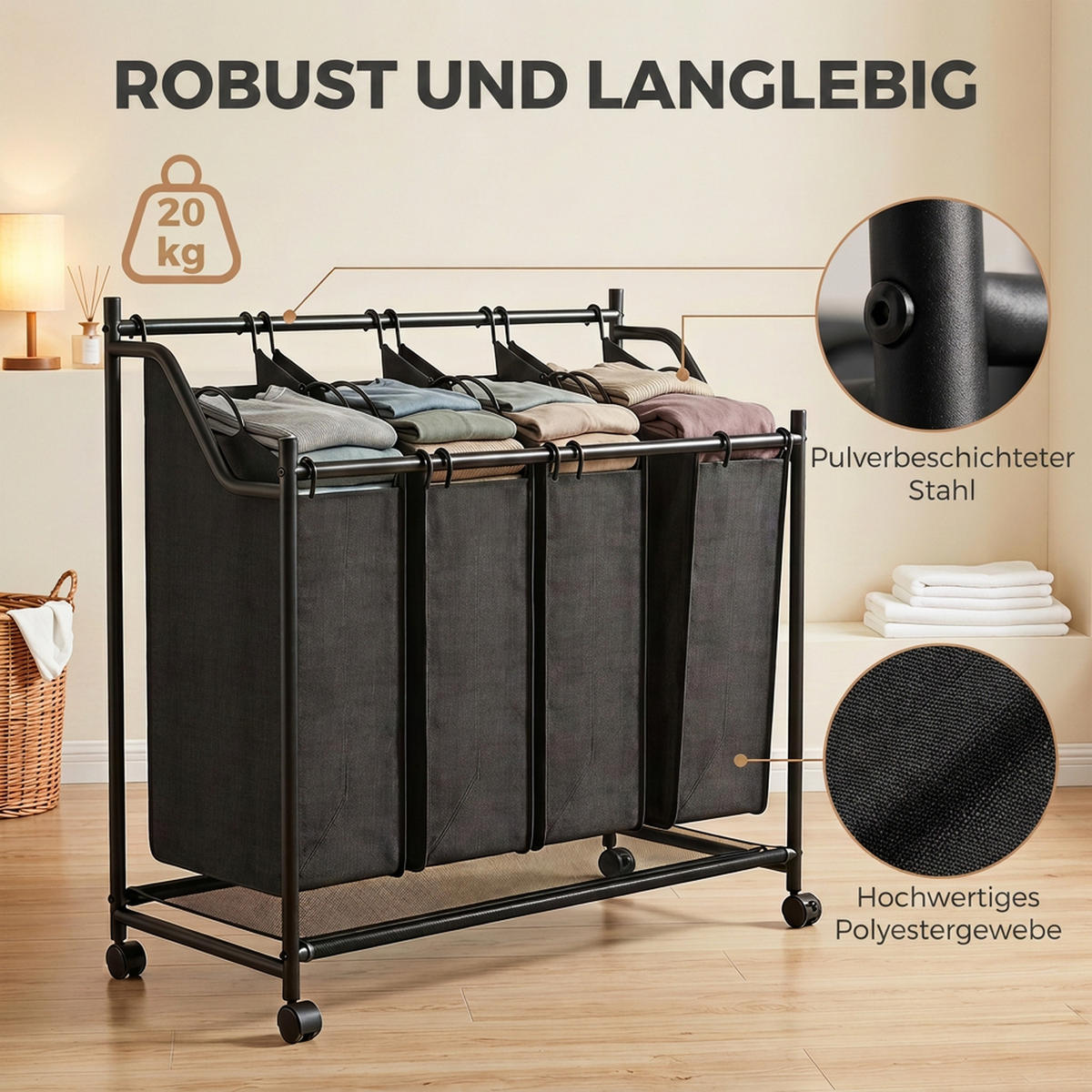 WÄSCHESAMMLER 4er Set Stahl Polyestergewebe Schwarz - Schwarz, Kunststoff/Textil (38/82/86cm) - HOMCOM