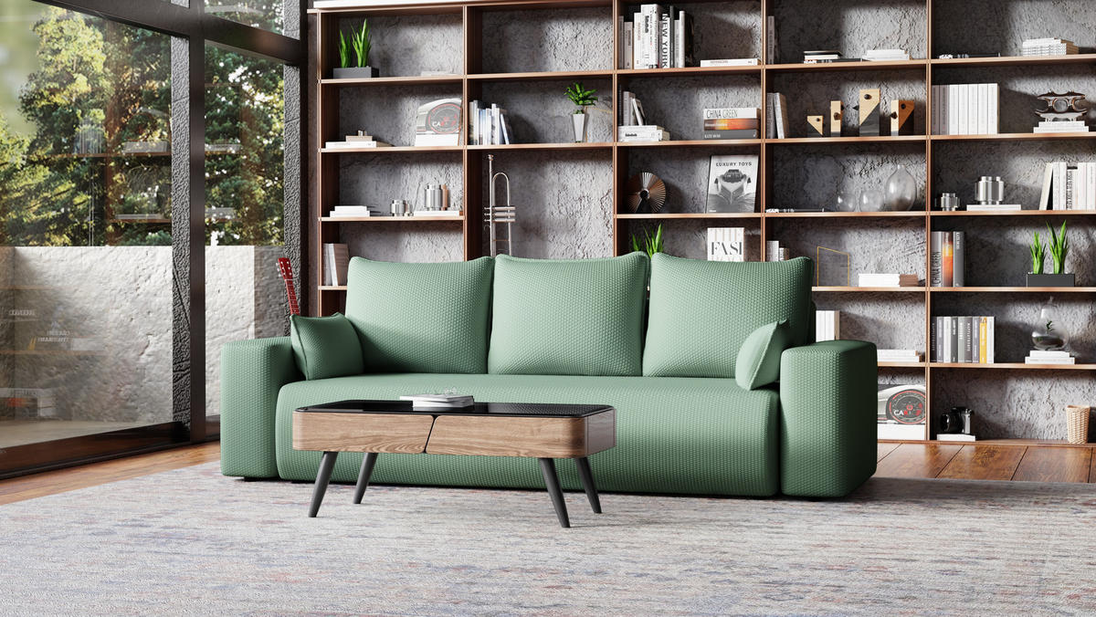 SOFA Bubi mit Bettkasten und Schlaffunktion, Cordstoff - Mintgrün, Holzwerkstoff (242/85/95cm)