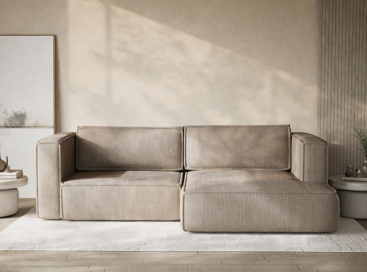 ECKSOFA MIT SCHLAFFUNKTION Velto Beige Samtstoff - Beige/Schwarz, Holz/Holzwerkstoff (250/152cm) - Maison de Reve