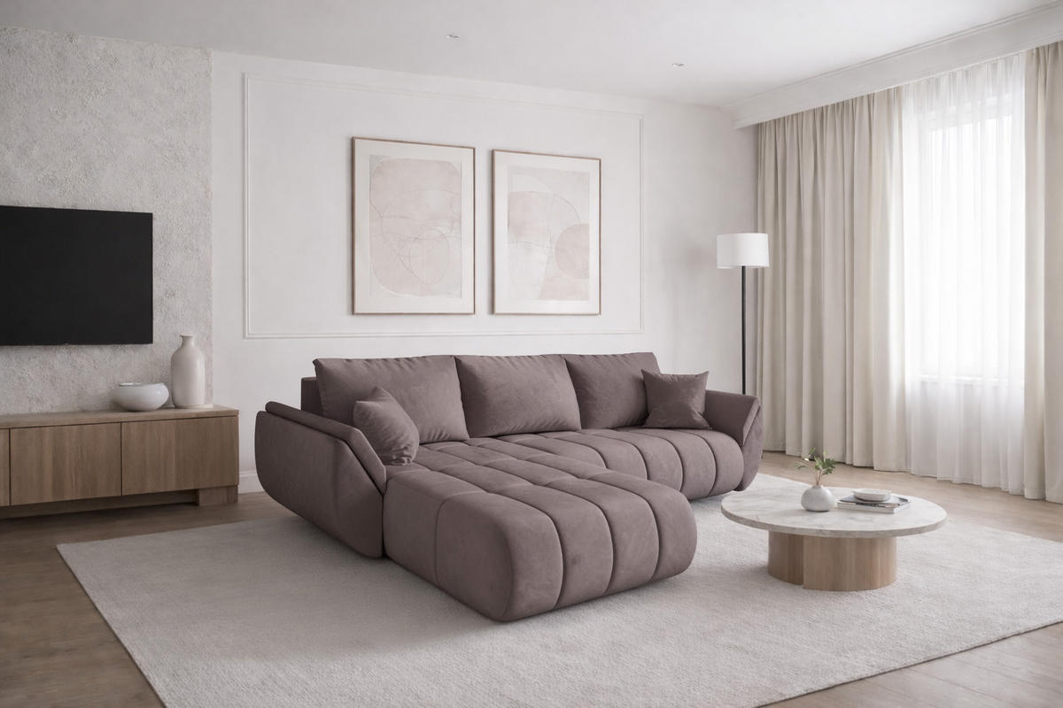 ECKSOFA TOKYO PREMIUM mit Schlaffunktion, Stoff MONOLITH, Lila, Links - Lila, Holz (280/190cm) - Kaiser Möbel