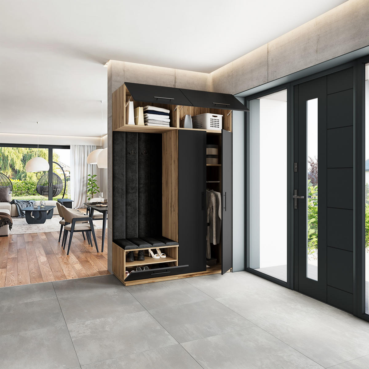 GARDEROBENSCHRANK REMA 150/240/60 cm Modern Eiche Wotan - Eiche Wotan/Schwarz, Holzwerkstoff (150/240/60cm) - MASSENO