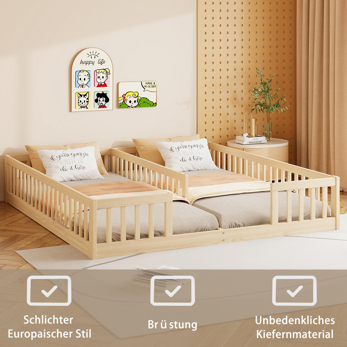 KINDERBETT 90/200 cm mit Sicherheitsgitter, Lattenrost und Doppelliege aus Kiefernholz, Natur - Naturfarben, Holz (90/200cm) - Redom