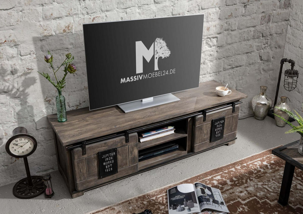 TV-BOARD Mango 160x45x50 grau lackiert RAILWAY #201 - Grau, Holz (160/50/45cm) - Massivmoebel24