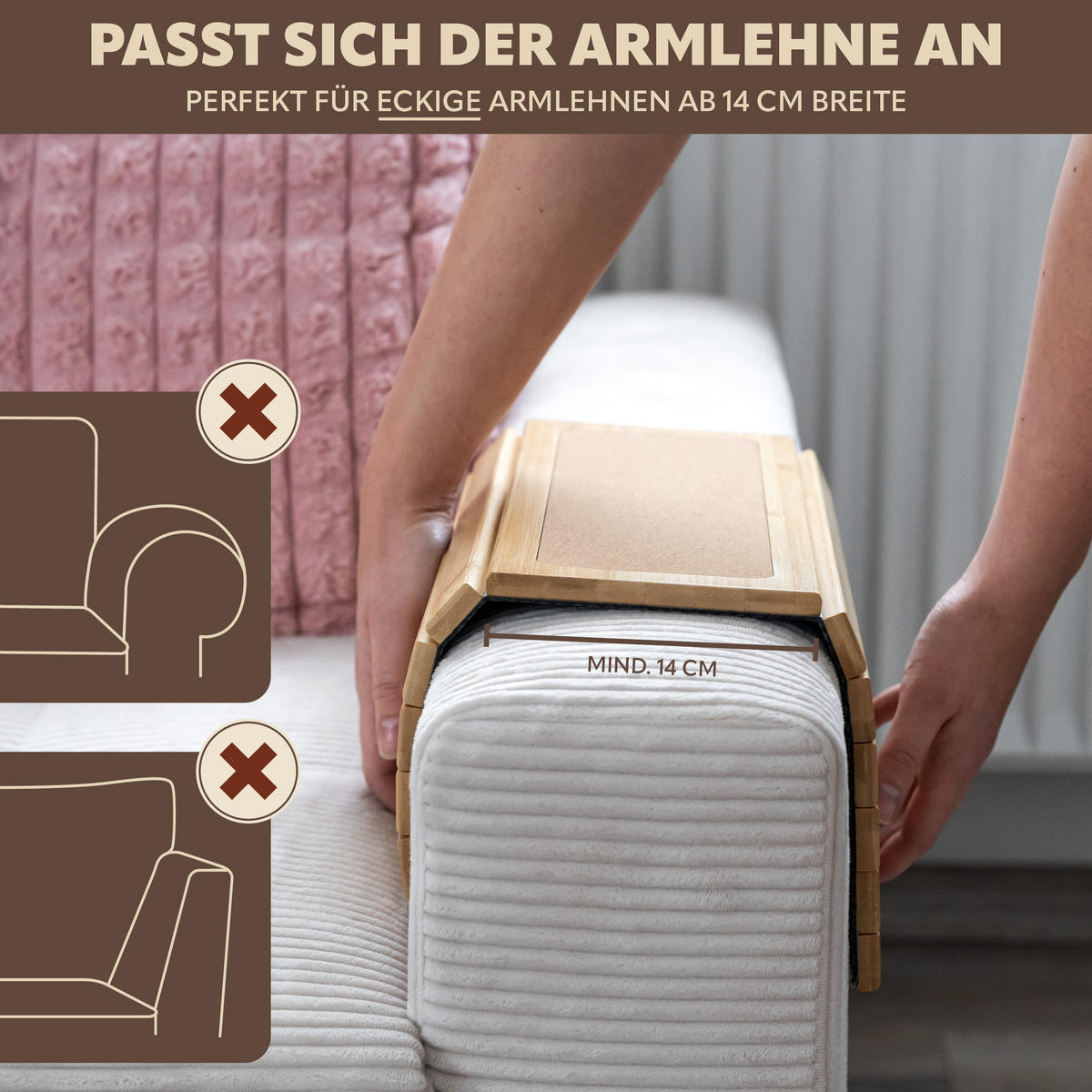 ARMLEHNEN-SOFATABLETT mit rutschfester Korkablage, Bambus - Braun, Naturmaterialien (47/1/34cm) - eluno