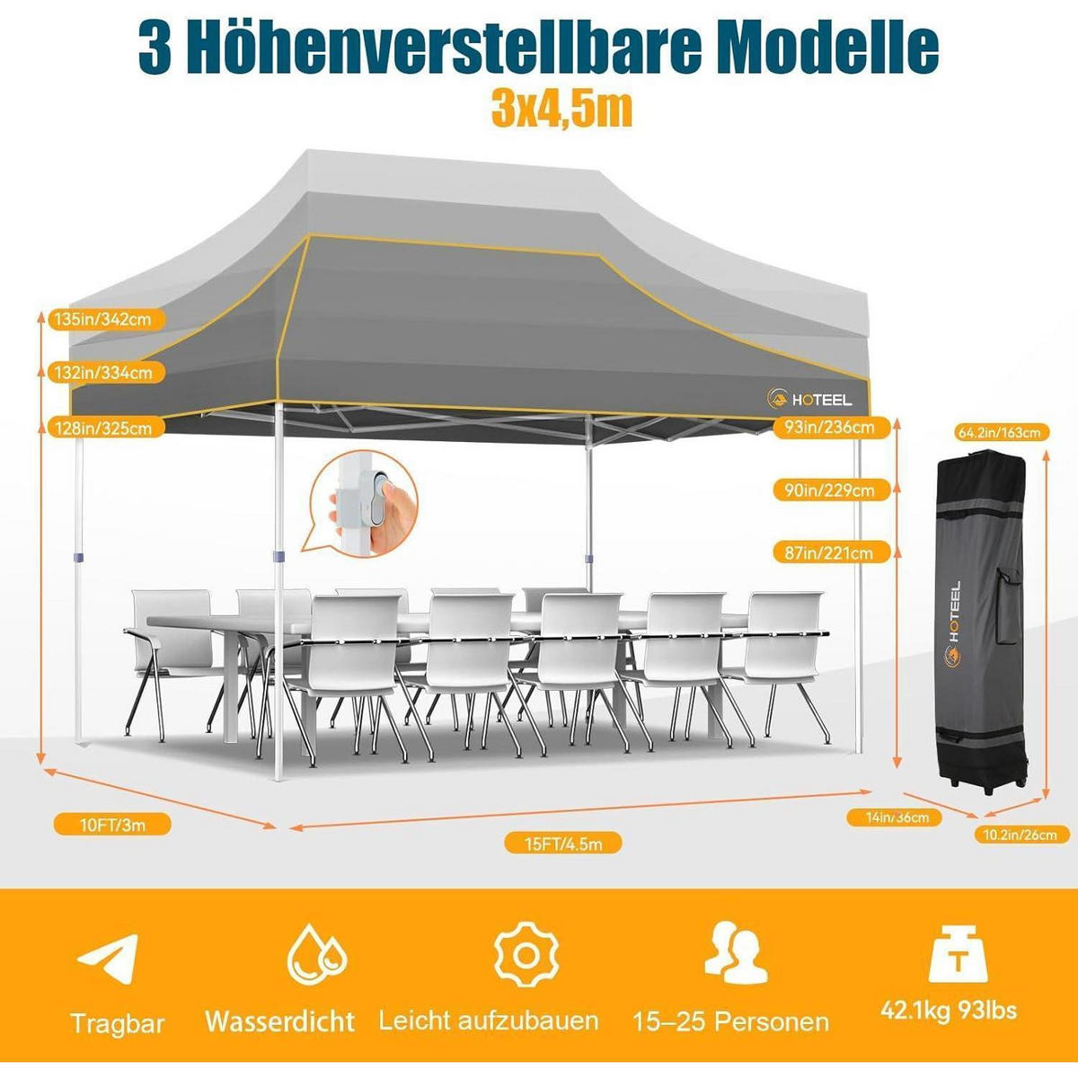 FALTPAVILLON 3 x 4,5 m Grau Wasserdicht Stabil - Grau, Textil (300/342/450cm)