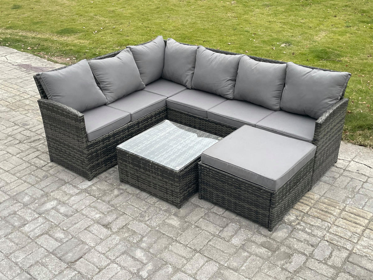 GARTENGARNITUR mit Ecksof,Couchtisch,Fußhocker Polyrattan Dunkelgrau 7-Sitzer - Dunkelgrau/Grau, Glas/Kunststoff - Fimous