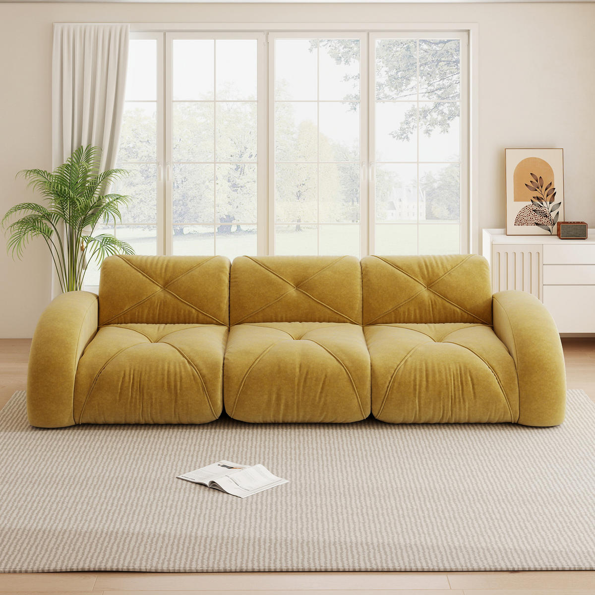 MODULÁRNÍ pohovka z chenillu 281x95x76 cm žlutá bez montáže, bezrámové provedení a měkké sezení - žlutá, textil (281/76/95cm) - Modfu