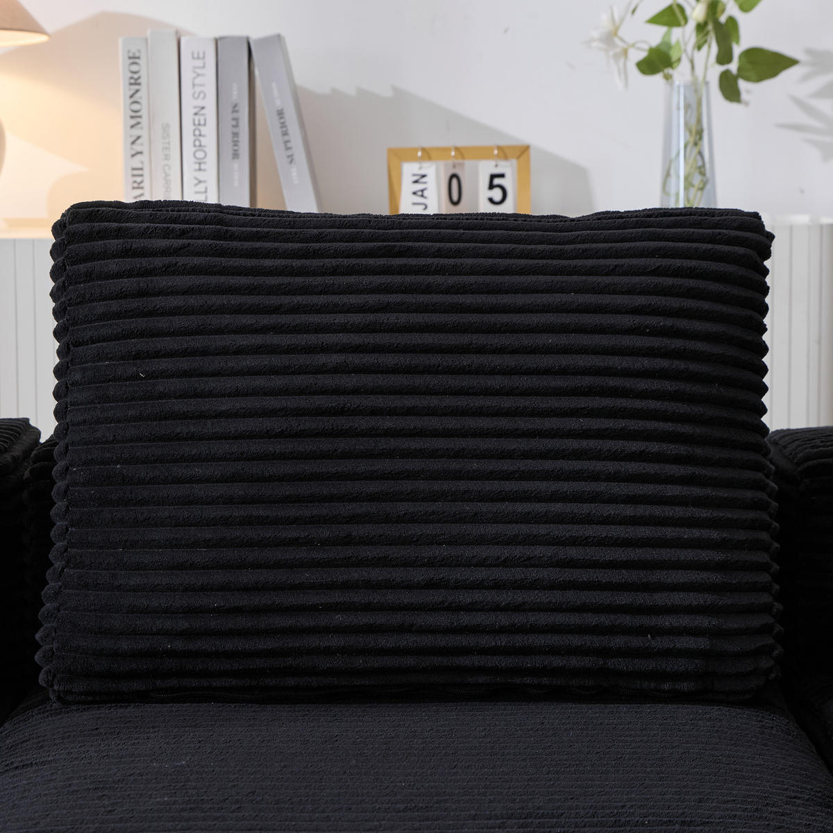ECKSOFA Cord Schwarz mit 3 Kissen und 2 Becherhaltern - Schwarz, Textil (265/176cm) - WISHDOR