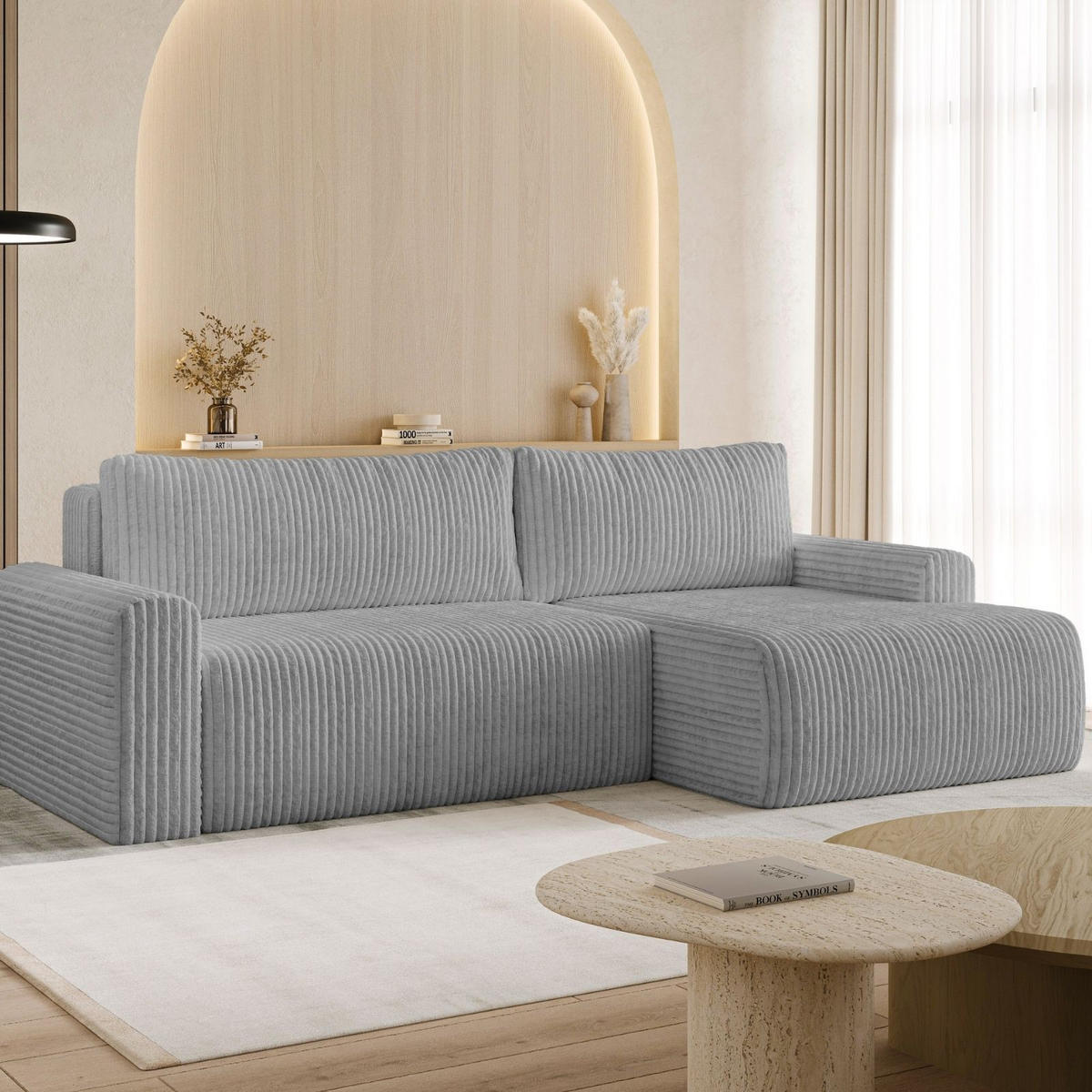 ECKSOFA MILO LARGE mit Schlaffunktion, Bettkasten und Cordbezug, Rechts - TILIA 90 (stahlgrau) - Dunkelgrau, Holz (270/142cm) - Dekori_Interiors